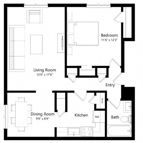 Floor plan for 1 bed, 1 bath, 687 sqft